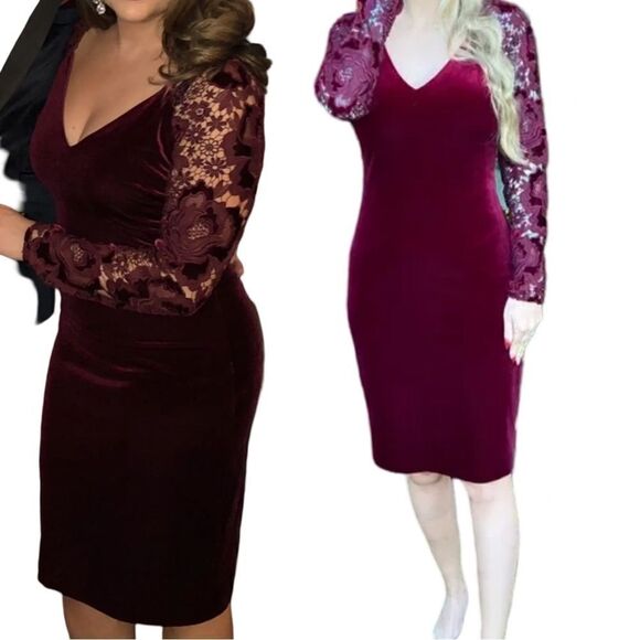 Badgley Mischka | Red Velvet Sheath Dress Size 4 - Picture 3 of 11